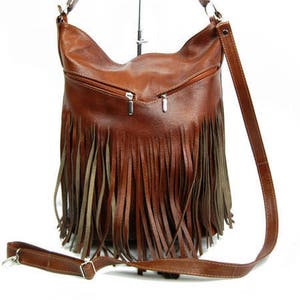 Brown Leather Fringe Crossbody Bag: Large Boho Hobo Purse