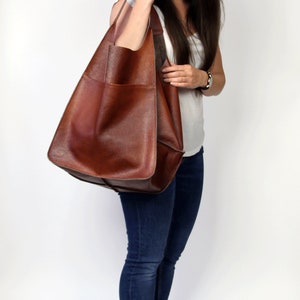 Leather tote bag handbag Large Tota Bag Large Brown Tote Bag Leather Slouchy Tote Women's Handbag Leather Purse Brown Leather Shoulder Bag image 3