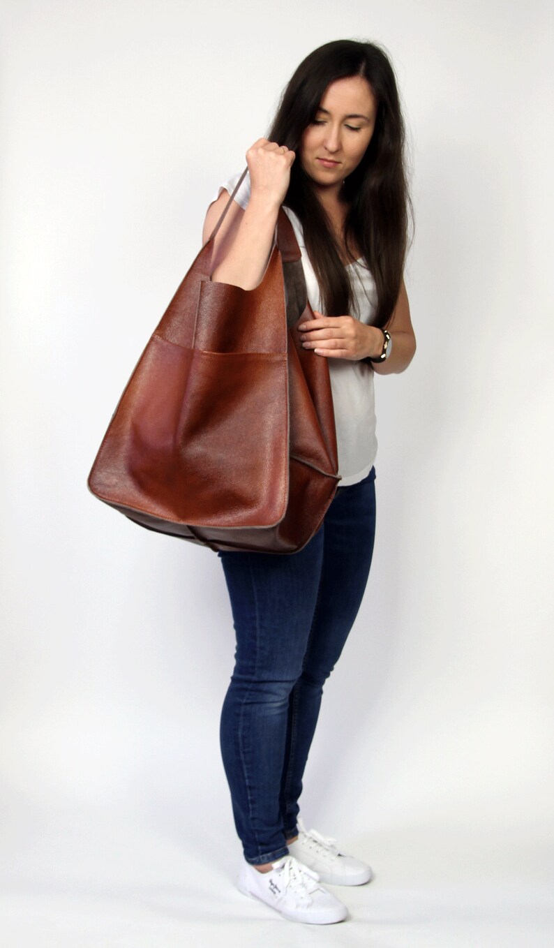 Leather tote bag handbag Large Tota Bag Large Brown Tote Bag Leather Slouchy Tote Women's Handbag Leather Purse Brown Leather Shoulder Bag image 3