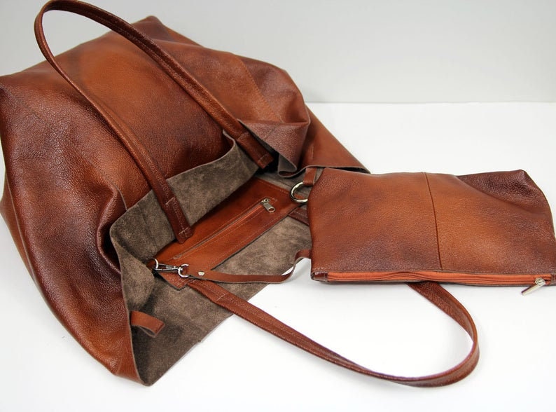 Brown Leather Handbag, Women Tote bag, Genuine Leather Tote, Large Tote Bag, Italian Leather Handbag, Slouchy Tote Bag, Soft Leather Bag image 2