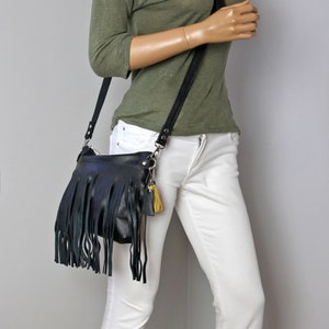Fringe Black Leather Crossbody Hobo Bag: Boho Tassel Handbag