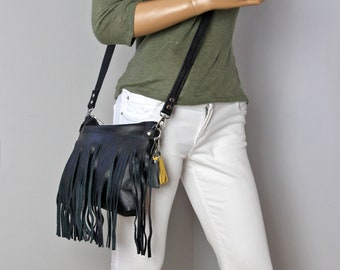 Small Leather Crossbody Bag: Black Fringe Shoulder Bag