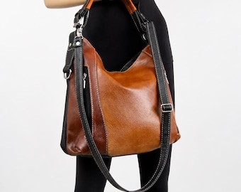 Handmade Brown Leather Crossbody Bag: Zipper Hobo with Adjustable Strap
