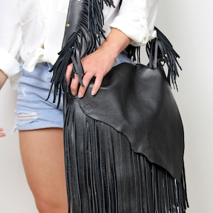 Handmade BLACK Leather Fringe CROSSBODY BAG - Boho Western Hobo Purse For Women - Genuine Leather Everyday Shoulder Bag