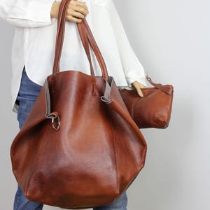 Cognac Braune große Ledertasche, Braune übergroße Tasche, Alltags-Einkaufstasche, Große Einkaufstasche, Alltagshandtasche für Frauen, Vollnarbenleder