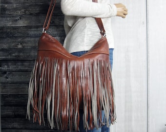 FRINGED LEATHER PURSE Crossbody Leather Bag With Tassels  Cognac Brown western bag