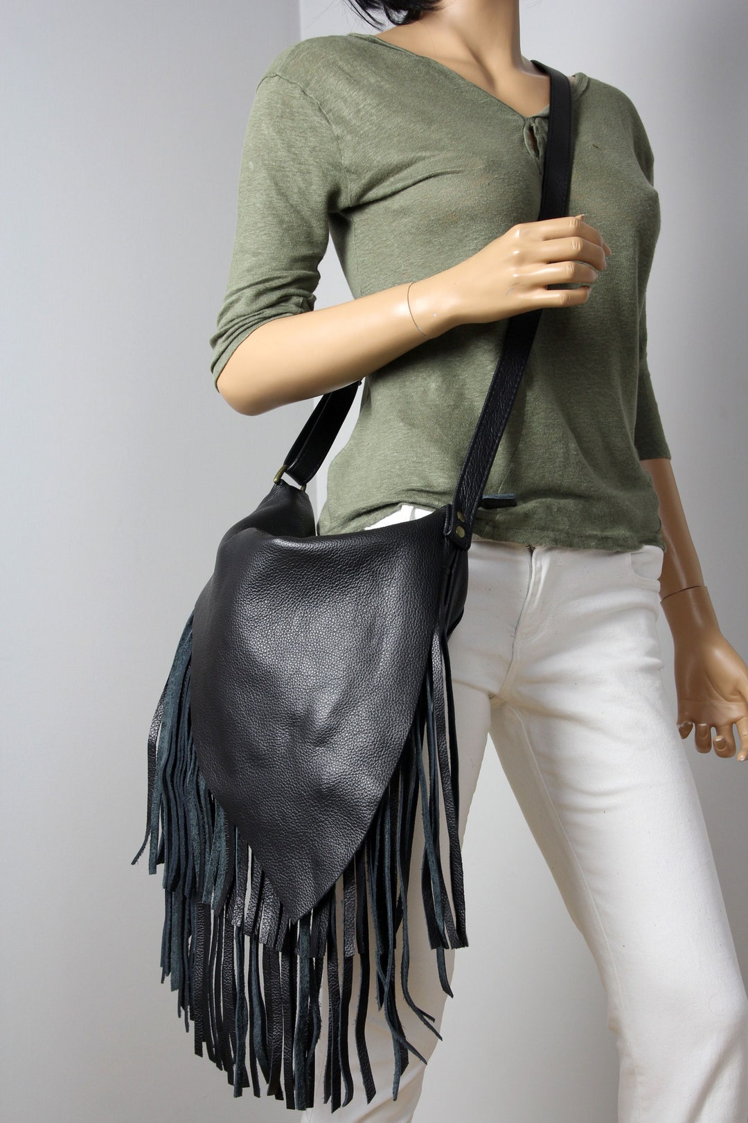 Black Boho Bag, Leather Crossbody Bag, Unique Leather Bag, Boho Leather