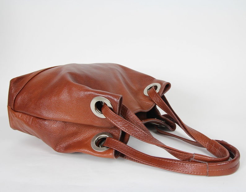 Brown leather Handbag Grained Cow Leather, Brown Purse, Cognac Brown Leather Purse with Zipper, Leather hobo bag, Large bag image 8