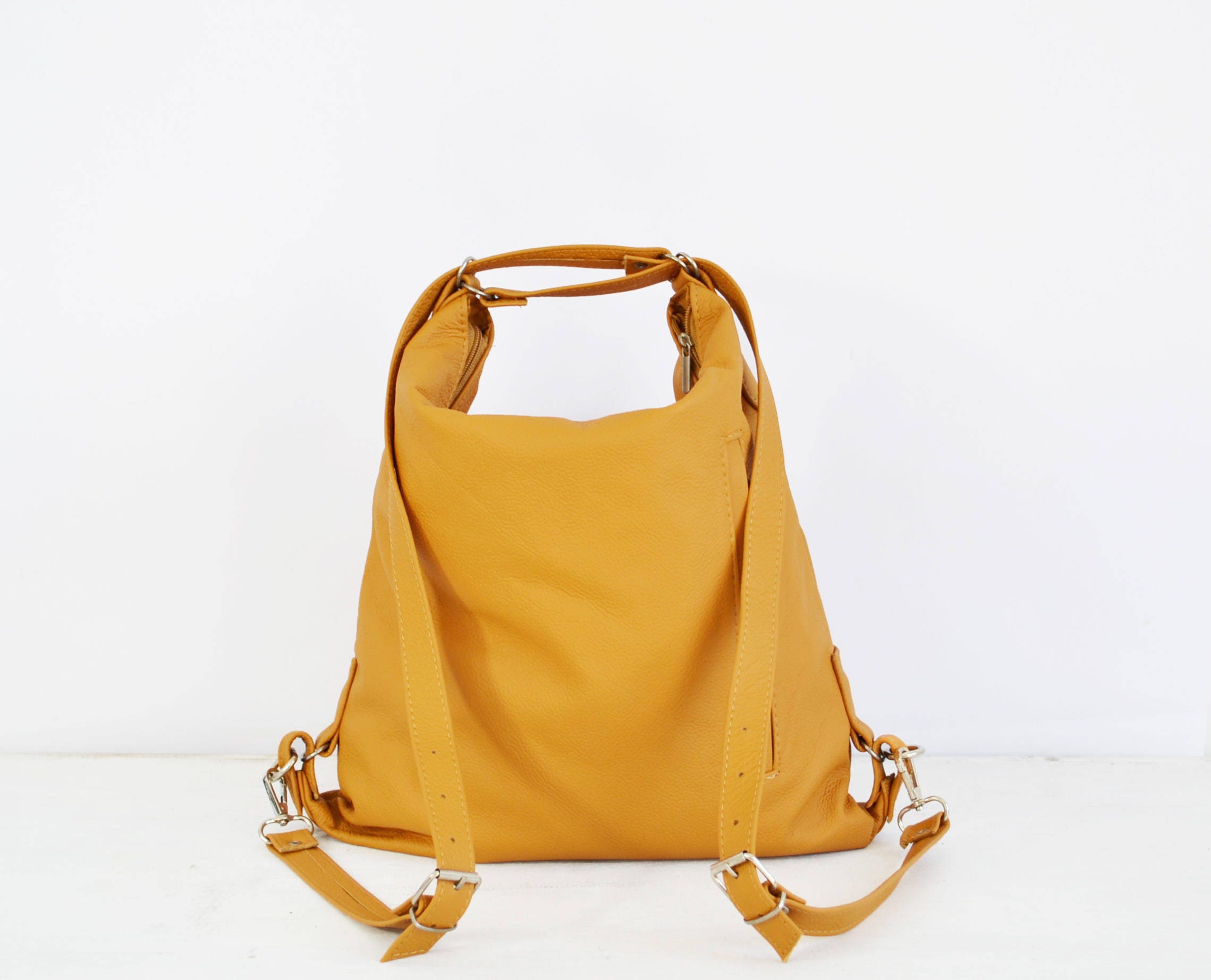 1271 Leather Backpack Purse Orange Quilted Real Soft Leather Convertible Orange Leather Backpack, Designer Leather Bag, Handmade  main image 3