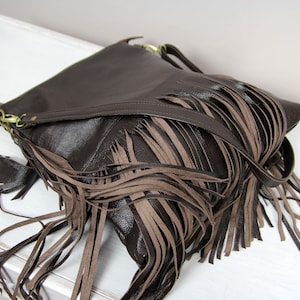 Brown and Black Leather Fringe Crossbody Bag: Boho Hobo Purse