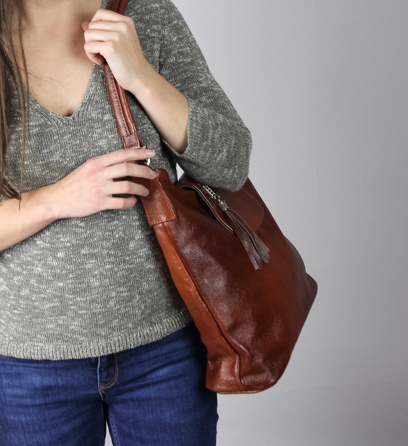 LEATHER SHOULDER Bag, Cognac Hobo Bag, Leather Crossbody Bag, Leather Bag Top Zipper Purse Cognac Brown Leather Bag SALE image 10