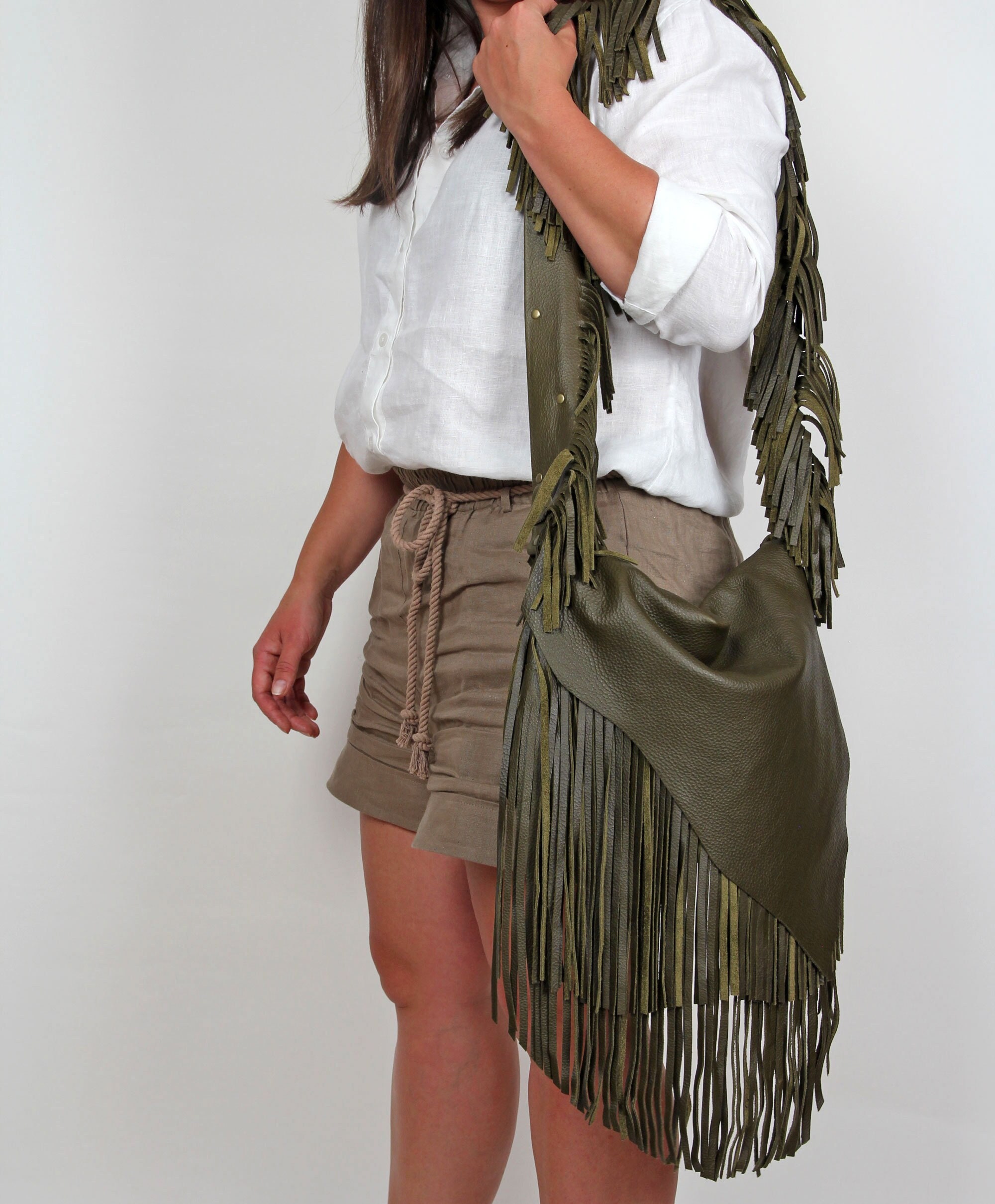 Handmade Olive Green Leather Fringe Crossbody Hobo Bag  display picture 2
