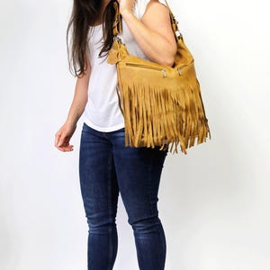 Camel Brown Leather Fringe Crossbody Bag: Handmade Boho Purse