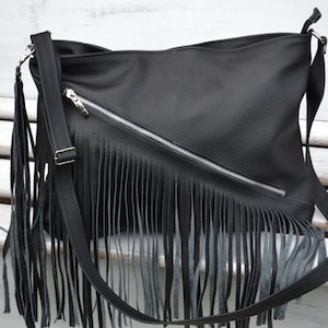 Handmade Black Leather Fringe Crossbody Bag: Medium Italian Leather Purse