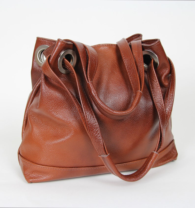 Brown leather Handbag Grained Cow Leather, Brown Purse, Cognac Brown Leather Purse with Zipper, Leather hobo bag, Large bag image 2