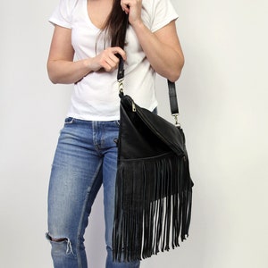 Black Leather Fringe Crossbody Bag: Boho Western Convertible Hobo Purse