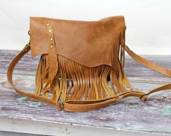 Handmade Brown Leather Fringe Crossbody Bag: Hippie Festival Purse