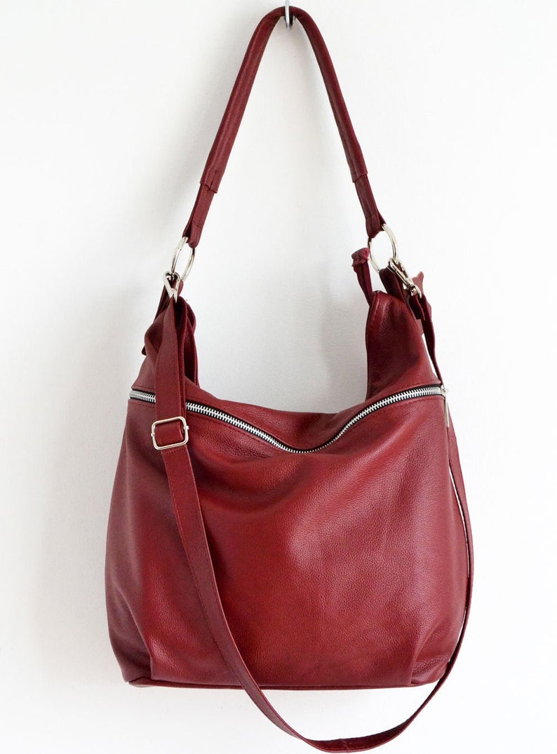 BURGUNDY LEATHER HOBO Bag Cross body Bag Everyday Leather Shoulder Bag, Leather Women bag, Red Hobo Bag, Red Cross Body Bag, Leather Purse image 1