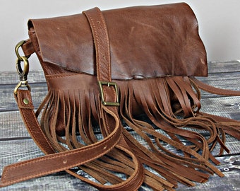 Western purse, Small bag boho style for fringe, Handmade vintage rustic brown leather crossbody shoulder bag for women