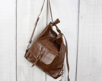 Brown leather bag, Leather BACKPACK PURSE, Distressed Leather Rucksack, Brown Leather Shoulder Bag, Leather Handbag