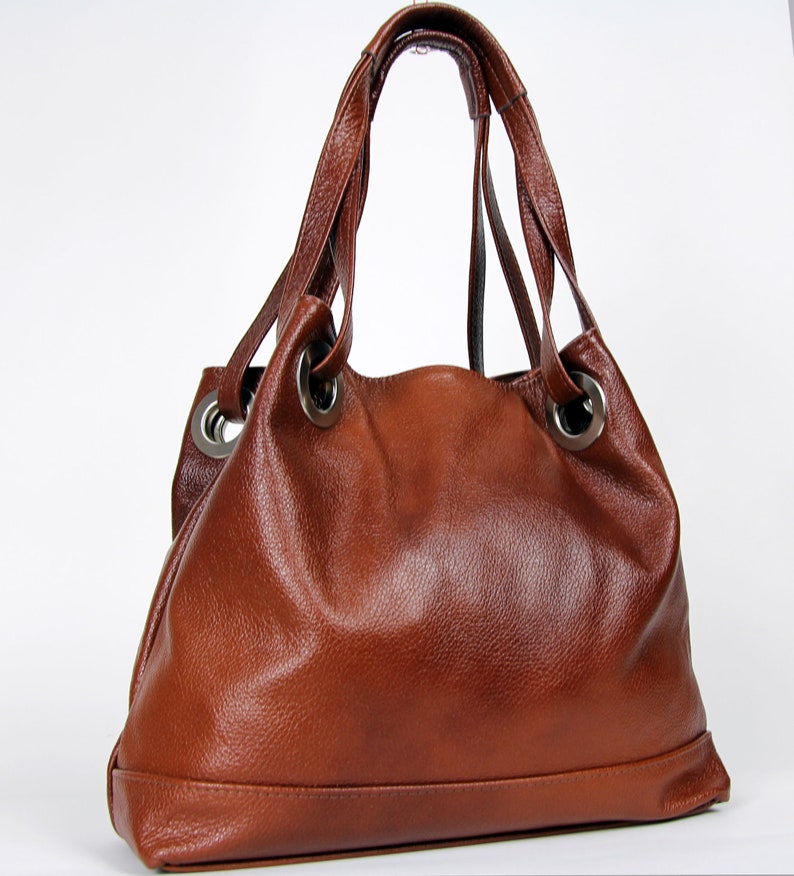 Brown leather Handbag Grained Cow Leather, Brown Purse, Cognac Brown Leather Purse with Zipper, Leather hobo bag, Large bag image 3