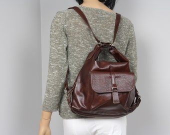 LEATHER BACKPACK PURSE Multi Way Rucksack Convertible Tote Bag Chocolate Brown Leather Shoulder Bag Women's handbag Leather handbag