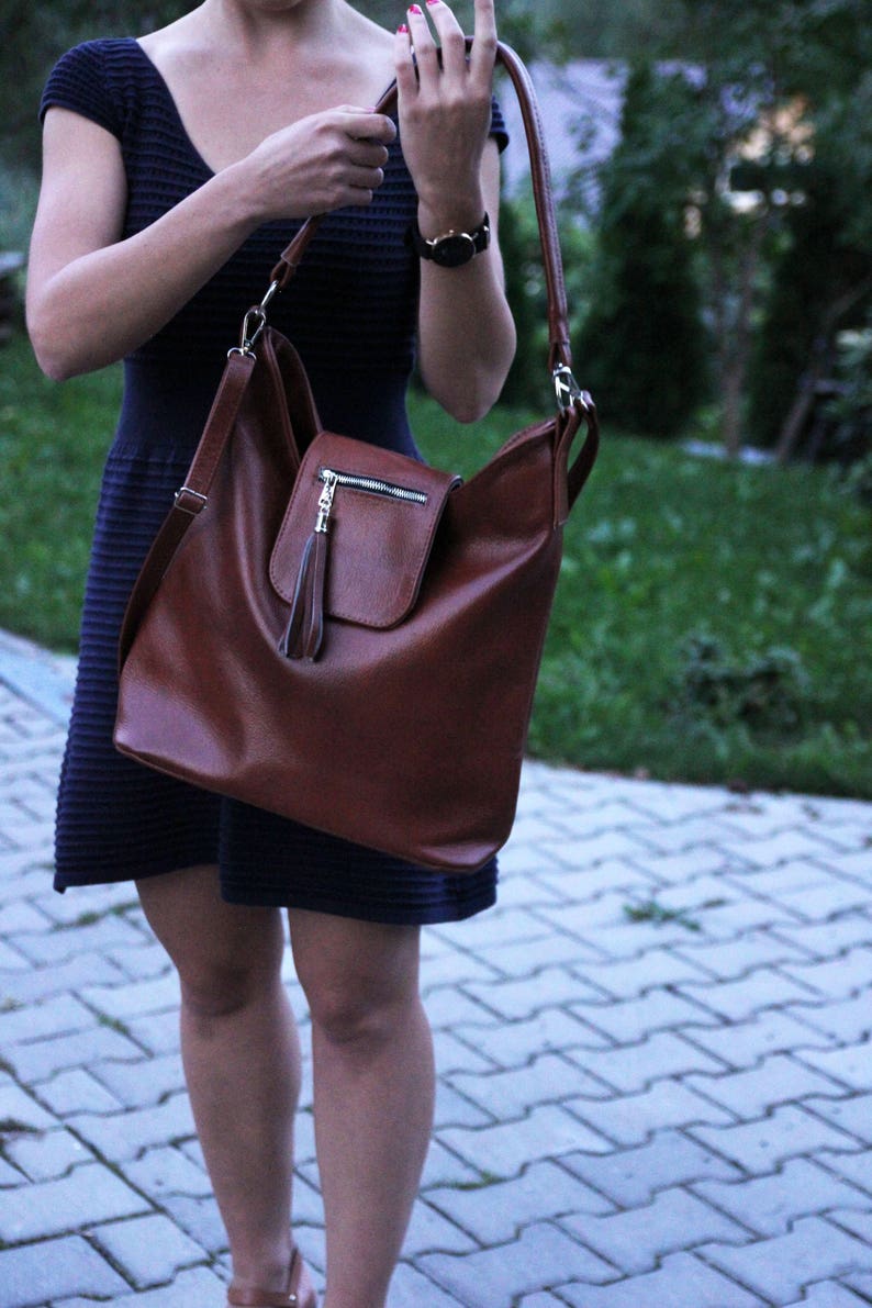 LEATHER SHOULDER Bag, Cognac Hobo Bag, Leather Crossbody Bag, Leather Bag Top Zipper Purse Cognac Brown Leather Bag SALE image 6