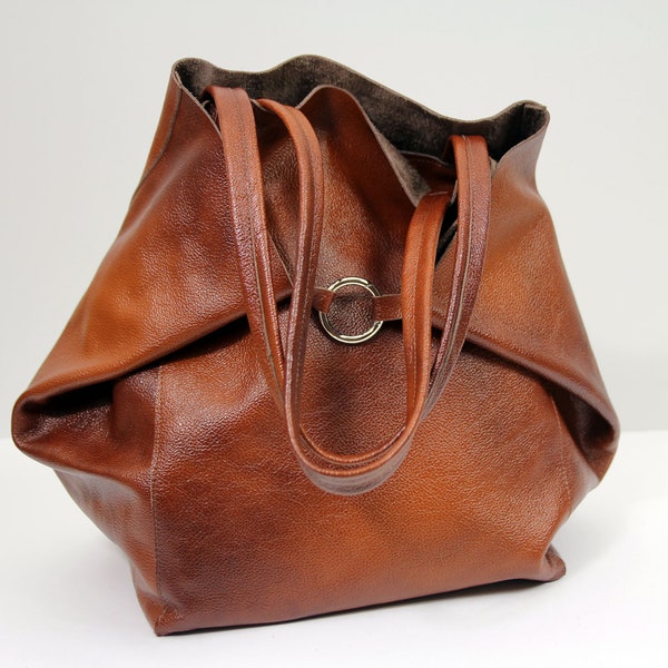 Cognac Brown large leather bag, Brown oversized bag, Everyday shopper bag, Large tote bag, Everyday handbag for women, Full Grain Leather