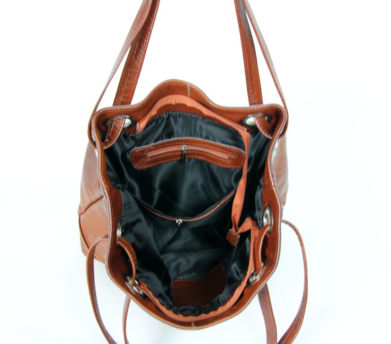 Brown leather Handbag Grained Cow Leather, Brown Purse, Cognac Brown Leather Purse with Zipper, Leather hobo bag, Large bag image 7