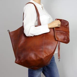 Cognac Brown large leather bag, Brown oversized bag, Everyday shopper bag, Large tote bag, Everyday handbag for women, Full Grain Leather