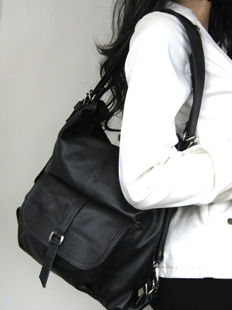 LEATHER BACKPACK PURSE Multi Way Rucksack Tote Bag Black Etsy