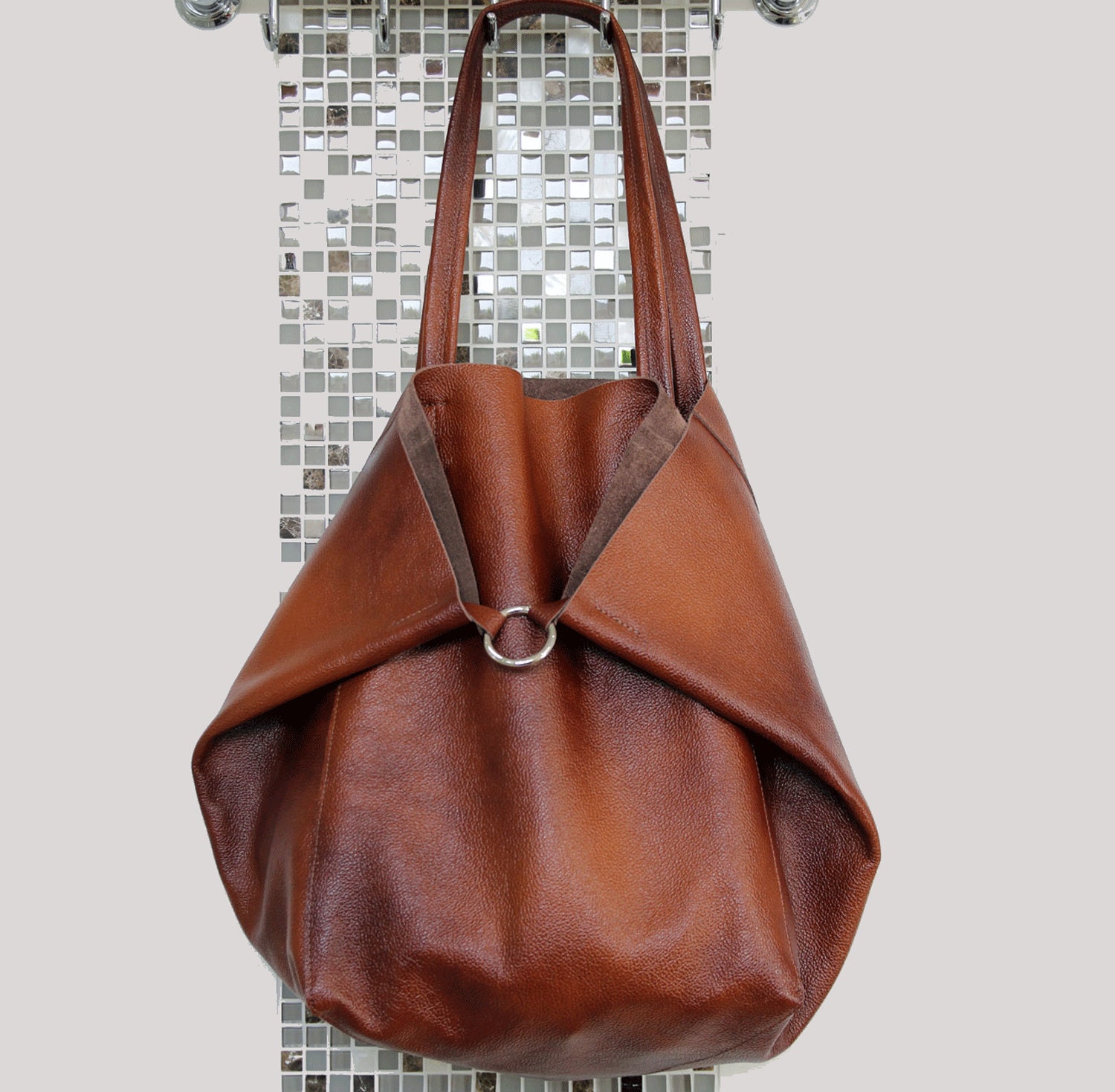 Cognac Brown Large Leather Bag Brown Oversized Bag Everyday - Etsy