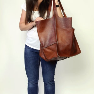 Leather tote bag handbag Large Tota Bag Large Brown Tote Bag Leather Slouchy Tote Women's Handbag Leather Purse Brown Leather Shoulder Bag image 4