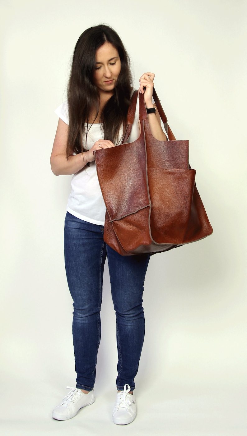 Leather tote bag handbag Large Tota Bag Large Brown Tote Bag Leather Slouchy Tote Women's Handbag Leather Purse Brown Leather Shoulder Bag image 4