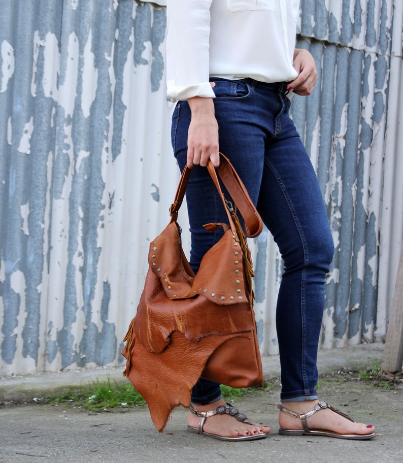 Large Fringe Crossbody Cognac Brown Leather Hobo Bag Large | Etsy