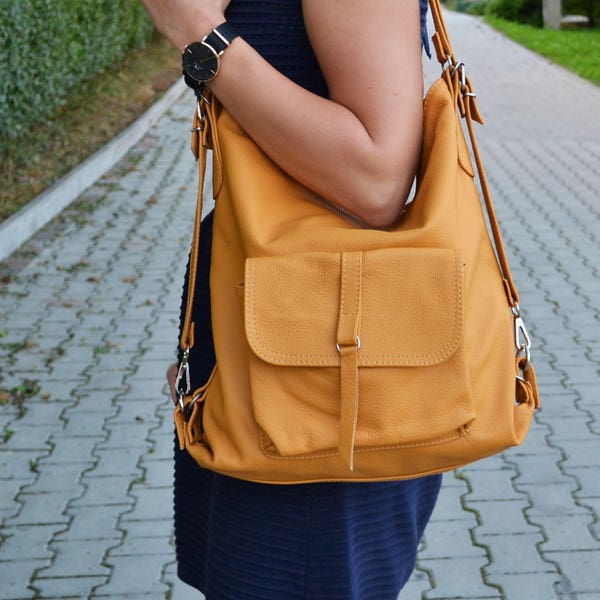 Convertible LEATHER BACKPACK PURSE Multi Way Rucksack Convertible Tote Bag Yellow Leather Shoulder Bag Leather Purse Women's Handbag
