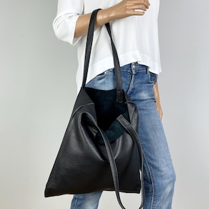 Black Large Leather Tote Shopper Bag: Genuine Soft Leather