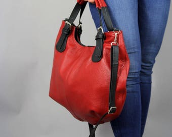 Handgemachte Rote Leder Einkaufstasche: Schulter Crossbody mit Reißverschluss