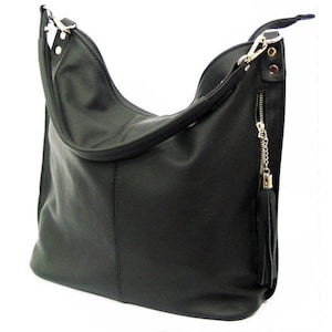 Black LEATHER HOBO BAG, Everyday Leather Shoulder Bag, Leather handbag with tassel, Black women's bag, Top zipper bag