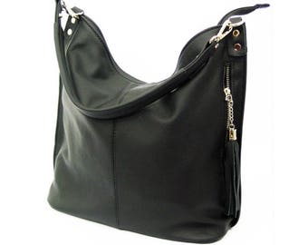 Sac hobo bandoulière en cuir noir : sac à main en cuir de vachette italien avec pampille