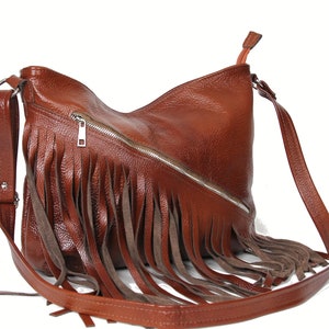 Handmade Brown Leather Fringe Crossbody Bag: Everyday Purse with Pockets and Zipper