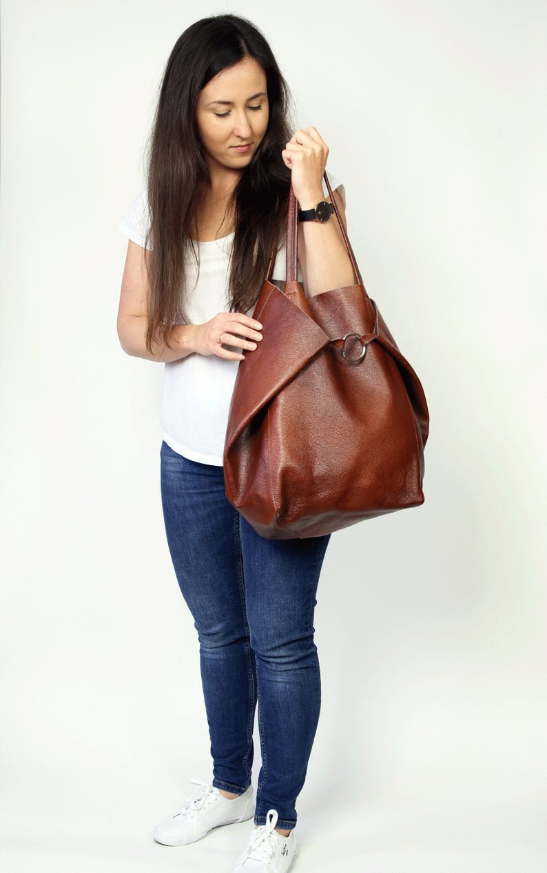 Brown Leather Handbag, Women Tote bag, Genuine Leather Tote, Large Tote Bag, Italian Leather Handbag, Slouchy Tote Bag, Soft Leather Bag image 6