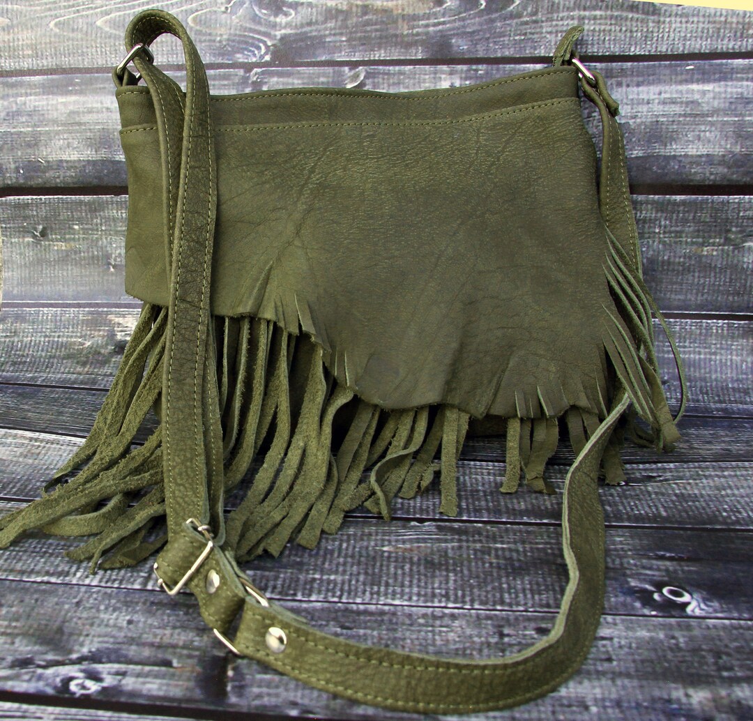 MEDIUM LEATHER FRINGE Bag Women Crossbody Green Leather Hobo Bag Rustic ...