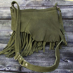 MEDIUM LEATHER FRINGE Bag Women Crossbody Green Leather Hobo Bag  Rustic boho bag