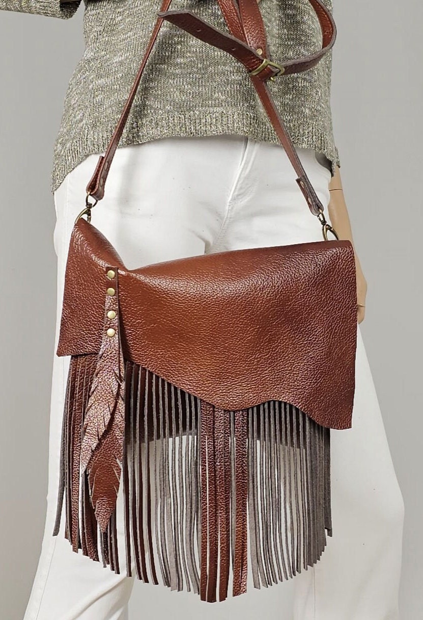 Bohemian Fringe Crossbody Bag - Leather BROWN Fringe BAG