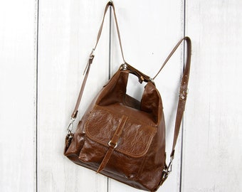 Brown LEATHER Bag, Leather BACKPACK PURSE Multi Way Rucksack Tote Bag Brown Leather Shoulder Bag, Leather Handbag