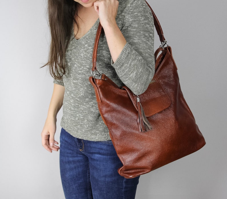 LEATHER SHOULDER Bag, Cognac Hobo Bag, Leather Crossbody Bag, Leather Bag Top Zipper Purse Cognac Brown Leather Bag SALE image 1