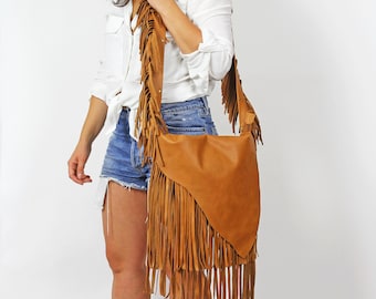 Handmade Camel Brown Leather Crossbody Bag: Boho Fringe Purse