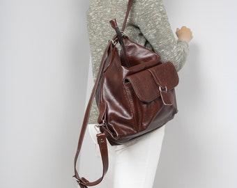 LEATHER BACKPACK PURSE Multi Way Rucksack Convertible Tote Bag Chocolate Brown Leather Shoulder Bag Women's handbag Leather handbag