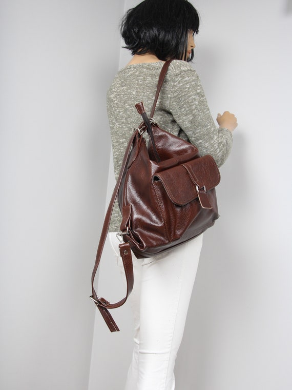 Chocolate Brown Leather Backpack Purse: Convertible Rucksack  display picture 2